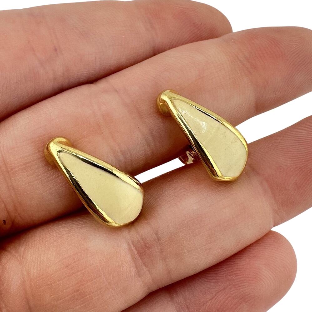 Vintage Goldette MCM Minimalist Cream Enamel Gold Tone Clip On .5” Earrings